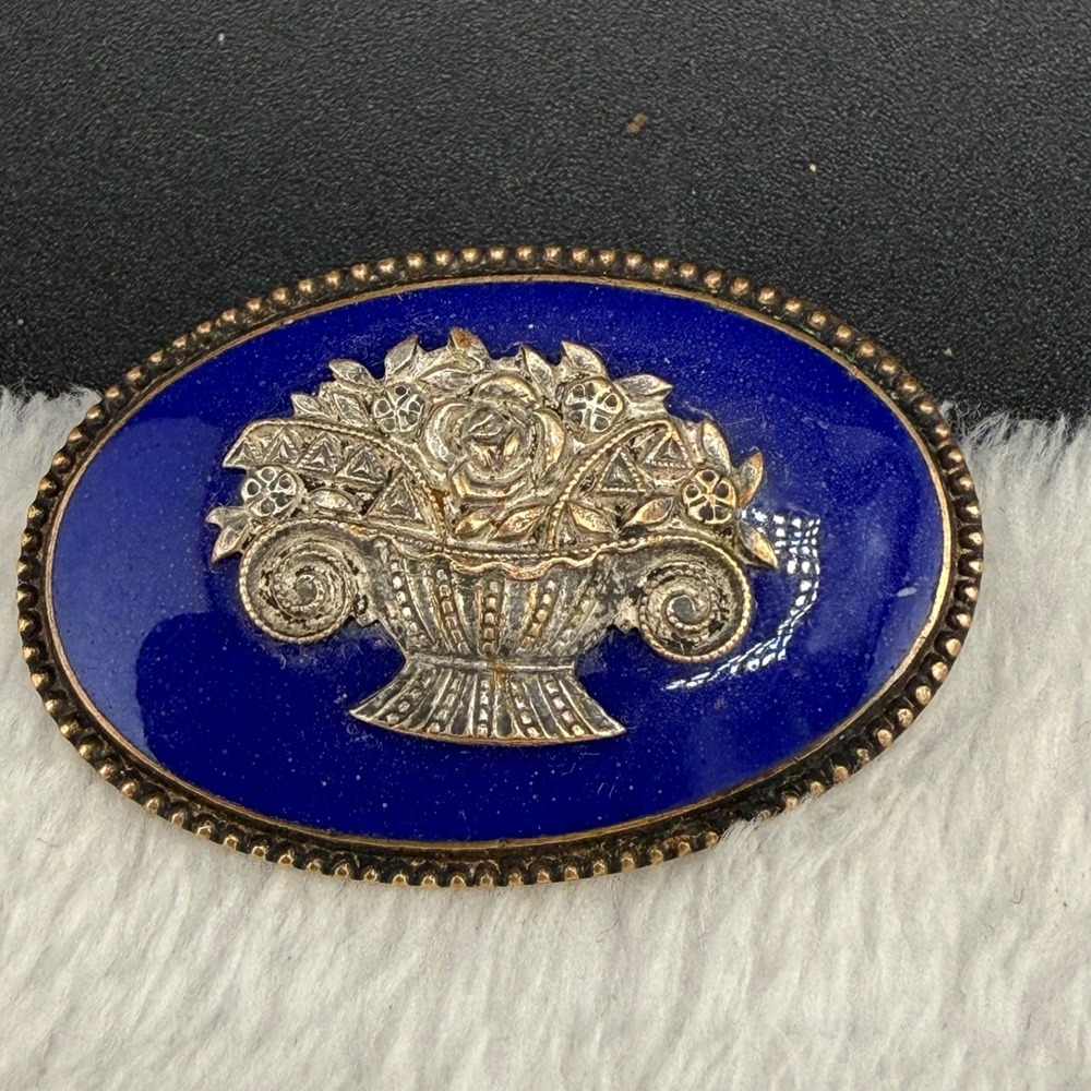 Vintage Estate Brooch Blue Enamel Flower Basket Gold Tone Oval Floral
